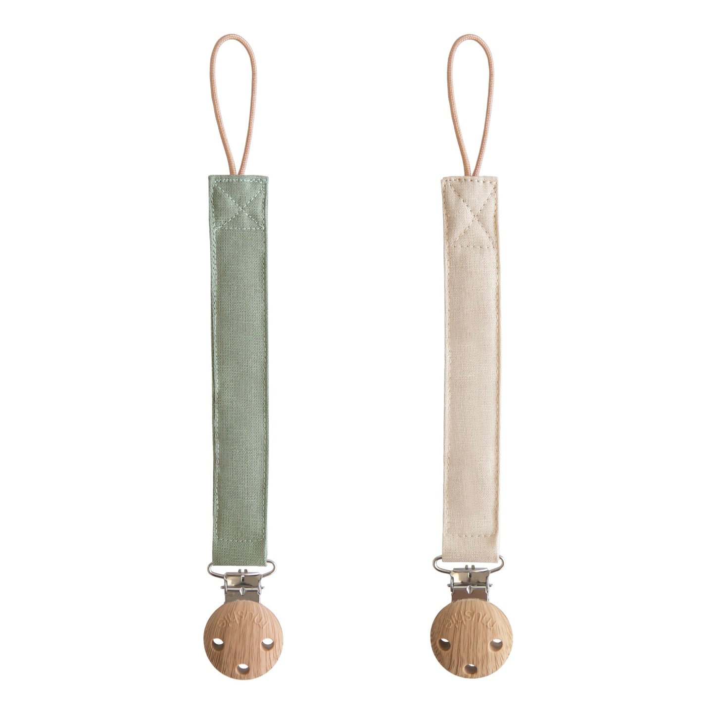 mushie Linen Baby Pacifier Clip Holder | Soft Fabric Strap, 2-Pack (Olive/Shifting Sand)