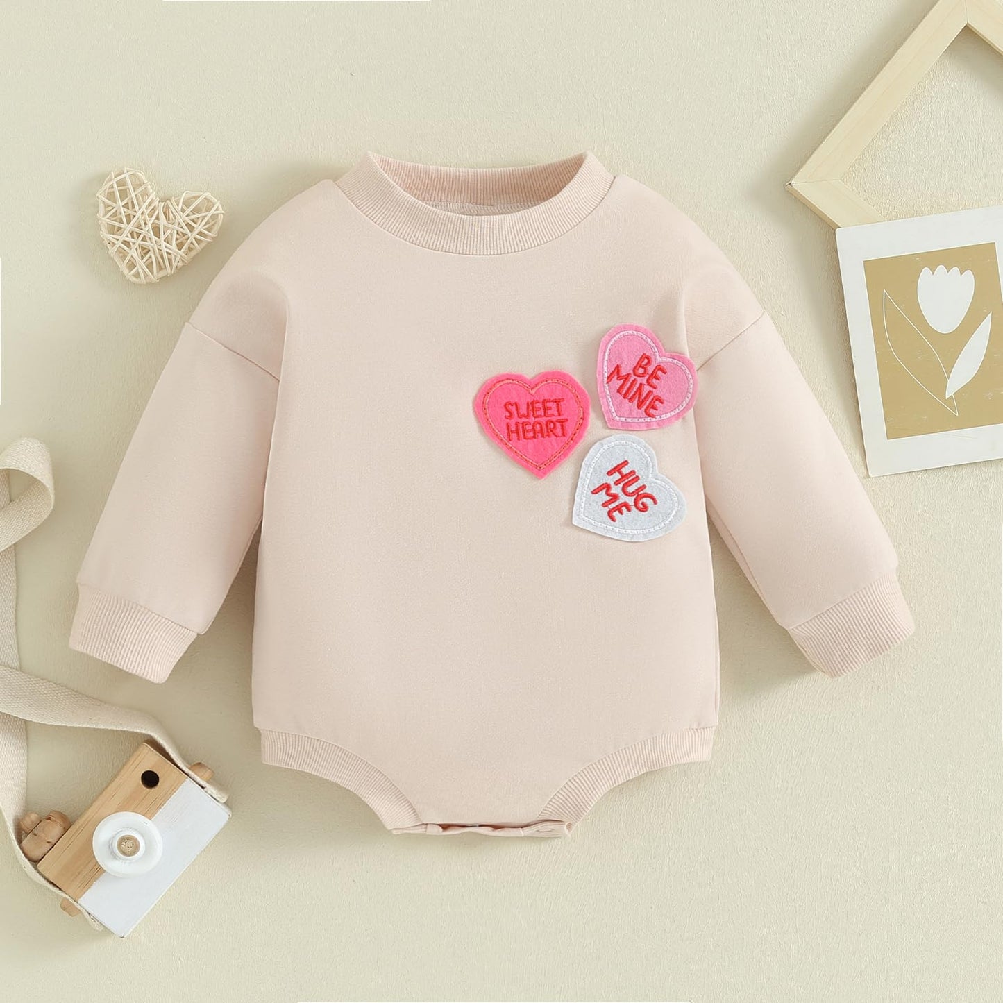 Lagkiyoj Baby Girl Valentines Day Outfit Heart Embroidery Bubble Romper Long Sleeve Crewneck Sweatshirt Infant Spring Clothes (A
