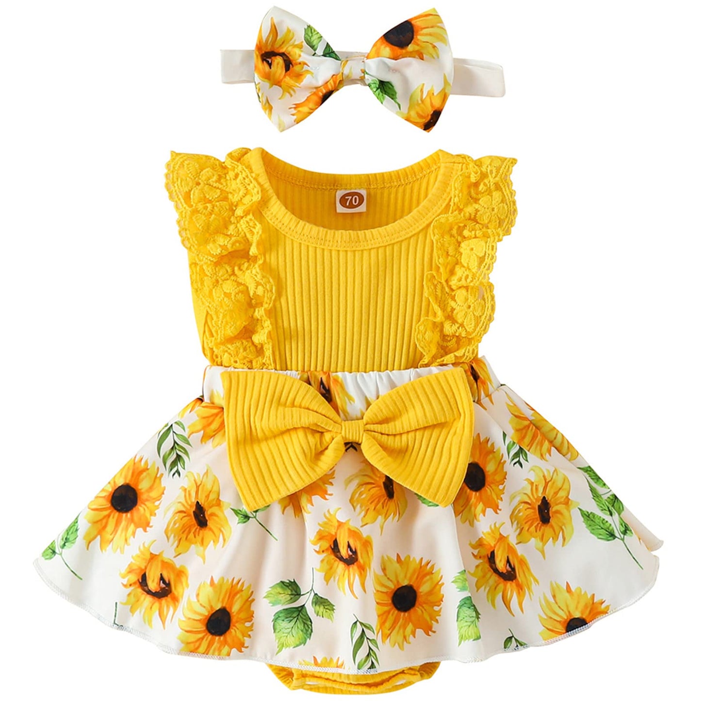 Mubineo Baby Girl Summer Clothes Outfits Sleeveless Lace Floral Romper Dress Newborn Outfit (Yellow Sunflower, 3-6 Months)