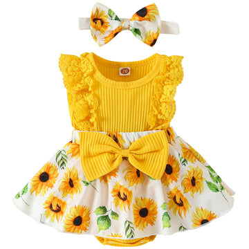 Mubineo Baby Girl Summer Clothes Outfits Sleeveless Lace Floral Romper Dress Newborn Outfit (Yellow Sunflower, 3-6 Months)