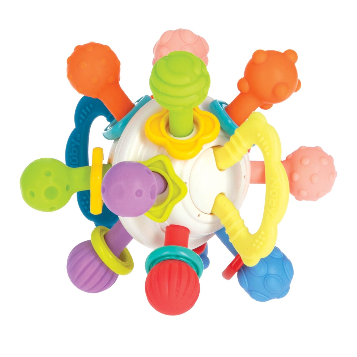 Nuby Twist Ball Teether Activity Toy with Rattle and Fun Bright Colors - Montessori Sensory Toy Develops Fine Motor Skills - 3 +