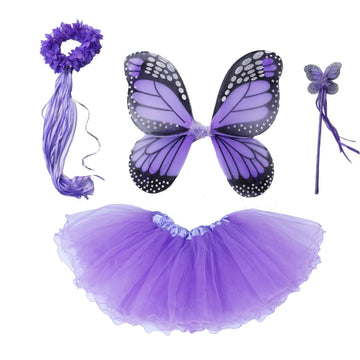 4 PC Girls Fairy Costume Monarch Princess Costume Set with Wings, Tutu, Wand & Halo
