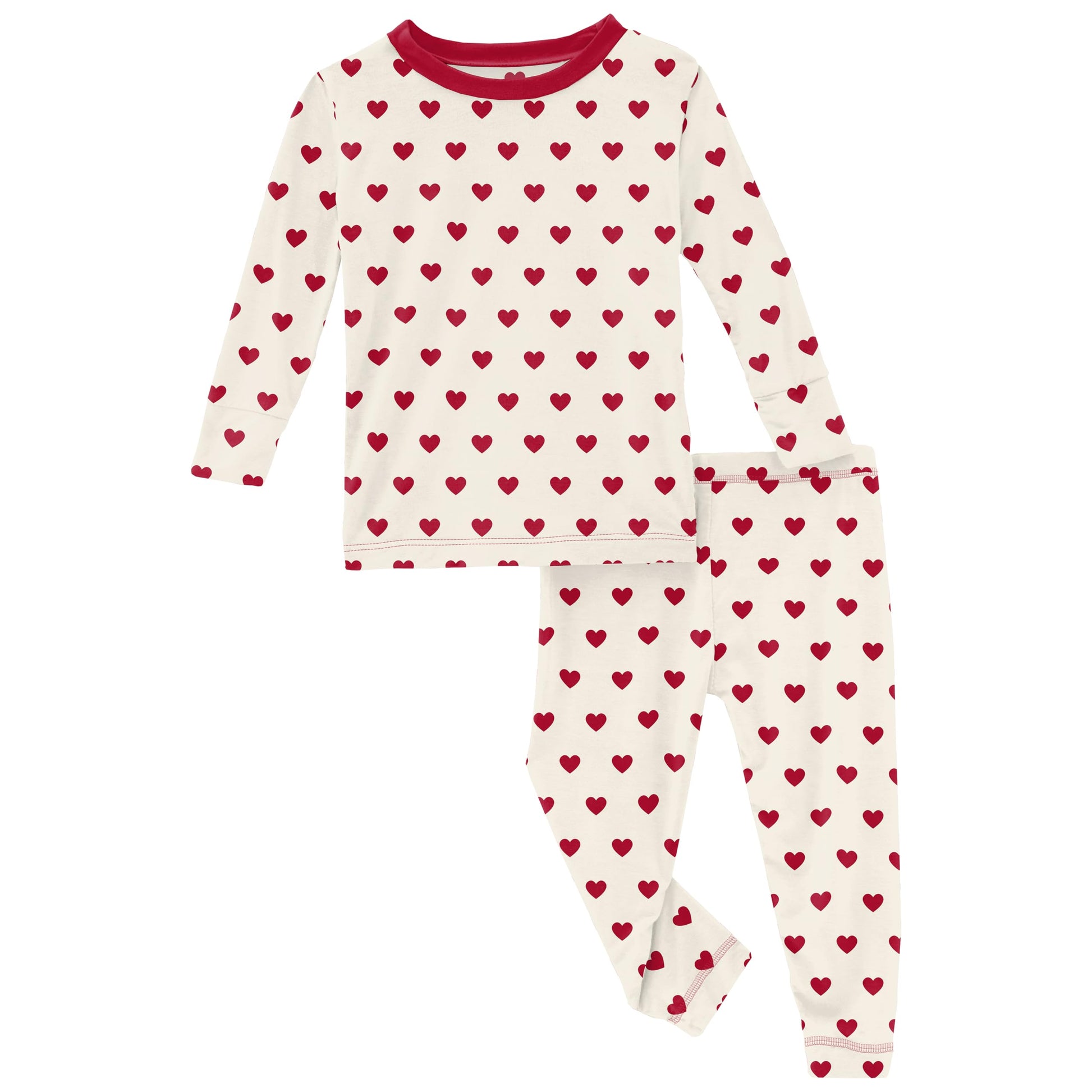 Kickee Full Of Hearts Two Piece Pajamas Set, Long Sleeve, Long Pants, Snug Fit Pajamas (Natural Hearts - 6 Years)