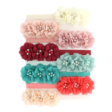 My Lello Baby Flower Headbands Fabric Beaded Trio Stretchy Elastic Variety Pack Vintage Shabby Colors 8 Pcs
