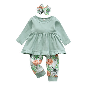 Kulcerry Toddler Baby Girl Clothes Solid Color Long Sleeve Ruffle Tops Floral Pants Headband Outfits Set (3-4T, Green