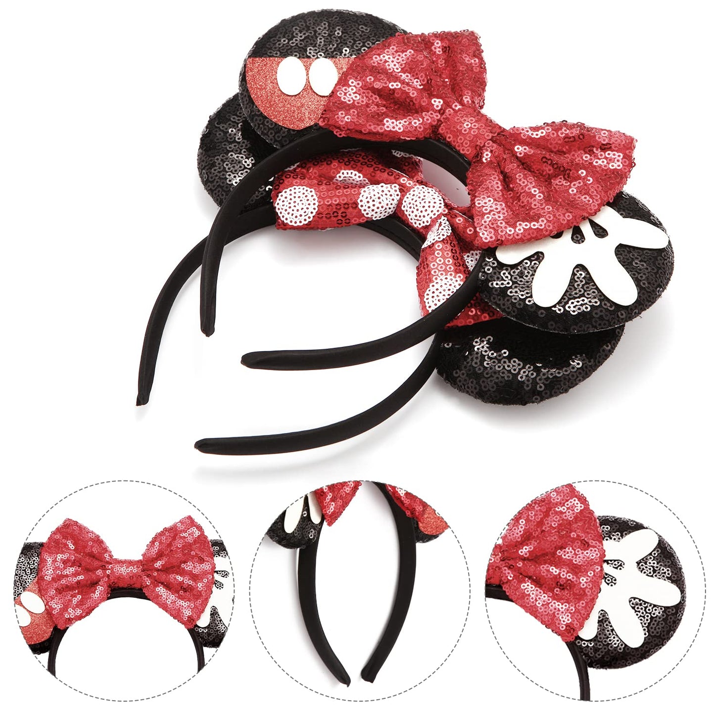 Rcjera Mouse Ears Headbands Set - 2 Pcs Classic Glitter Bow And Palm Ears For Kids, Girls, Women, Princess Cosplay, Birthday, Ch