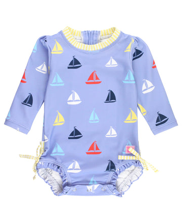 Rufflebutts Baby Girls Upf 50+ Sun Protection Novelty Print Long Sleeve One Piece Rash Guard Swimsuit With Zipper - Down By The