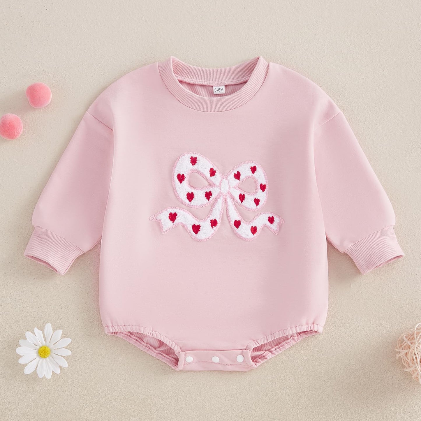 Fiomva Baby Girl Valentines Day Outfit Newborn Bow Heart Bubble Romper Infant Oversized Sweatshirt Spring Fall Clothes (F Bow He