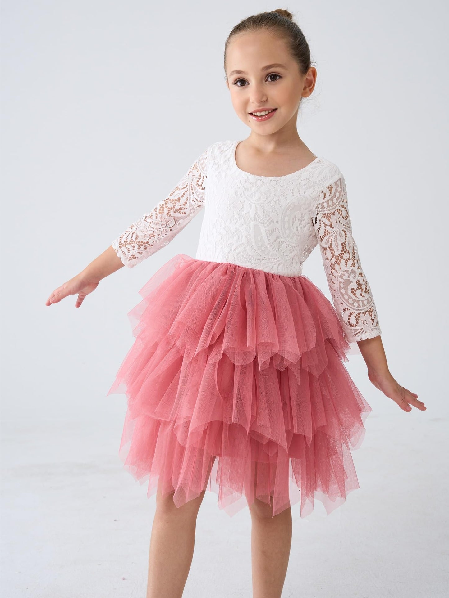 2Bunnies Girl Peony Lace Back A-Line Tiered Tutu Tulle Flower Girl Dress (Dusty Rose Sleeve Short, 6M)