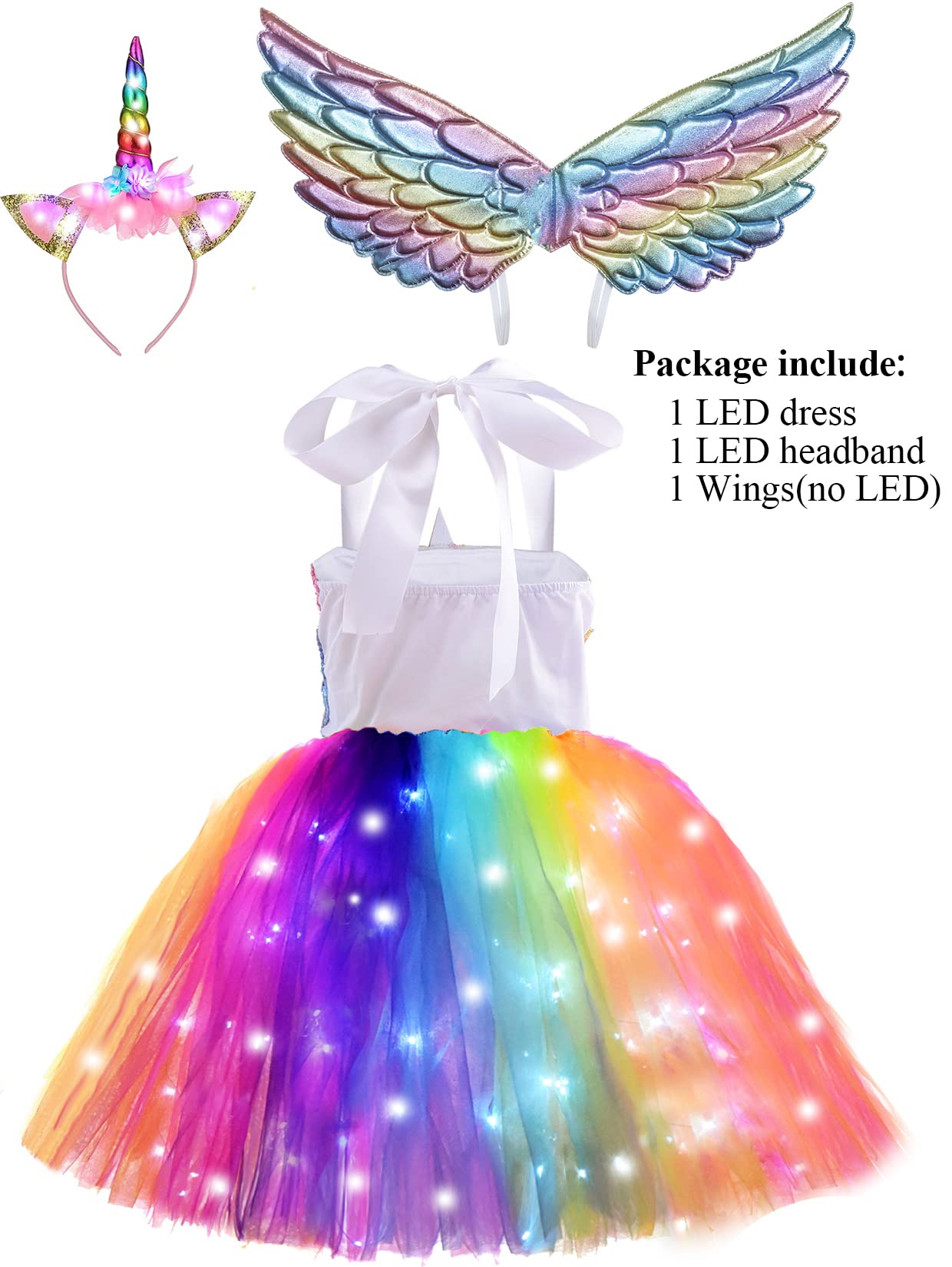 Light Up Unicorn Birthday Decorations For Girls Halloween Christmas Party Outfits Led Kids Princess Flower Tutu Sequin Dress 5 6