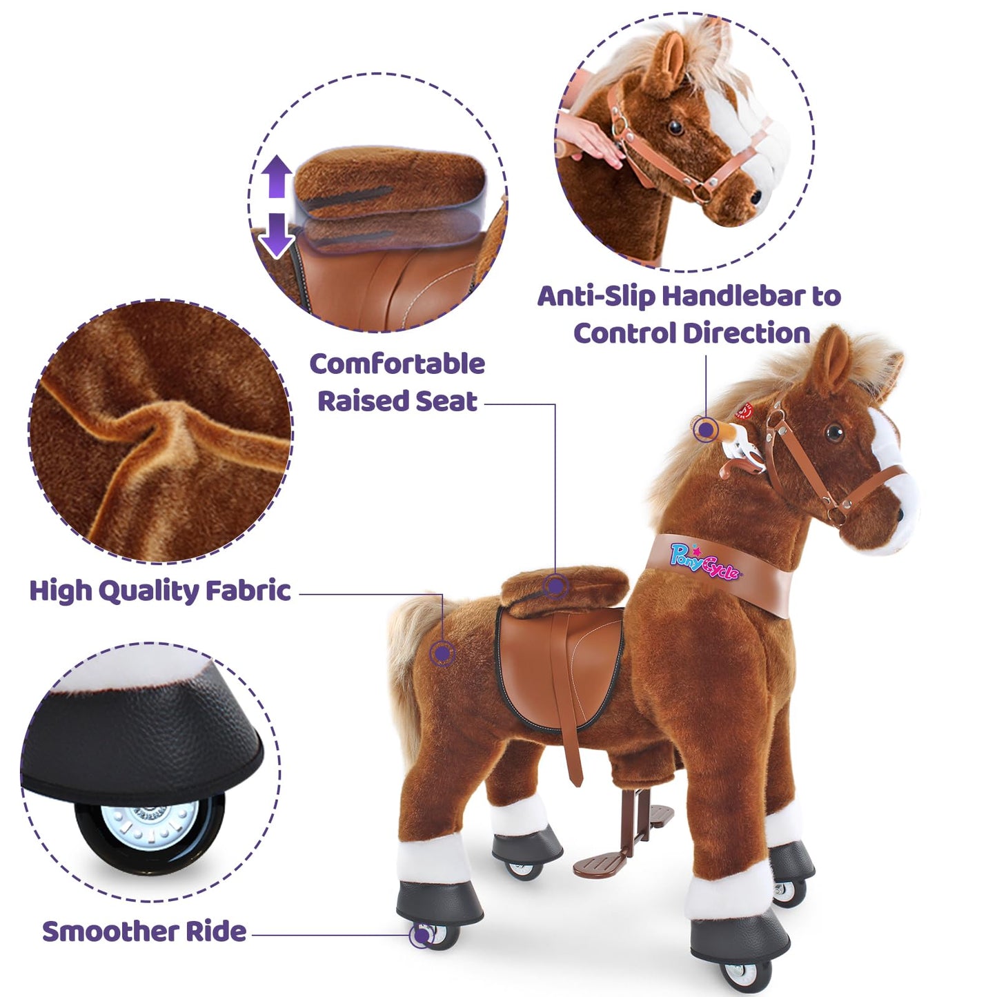 PonyCycle Official Classic U Series Ride on Horse Toy Plush Walking Animal Brown Horse Size 4 for Age 4-8 Ux424