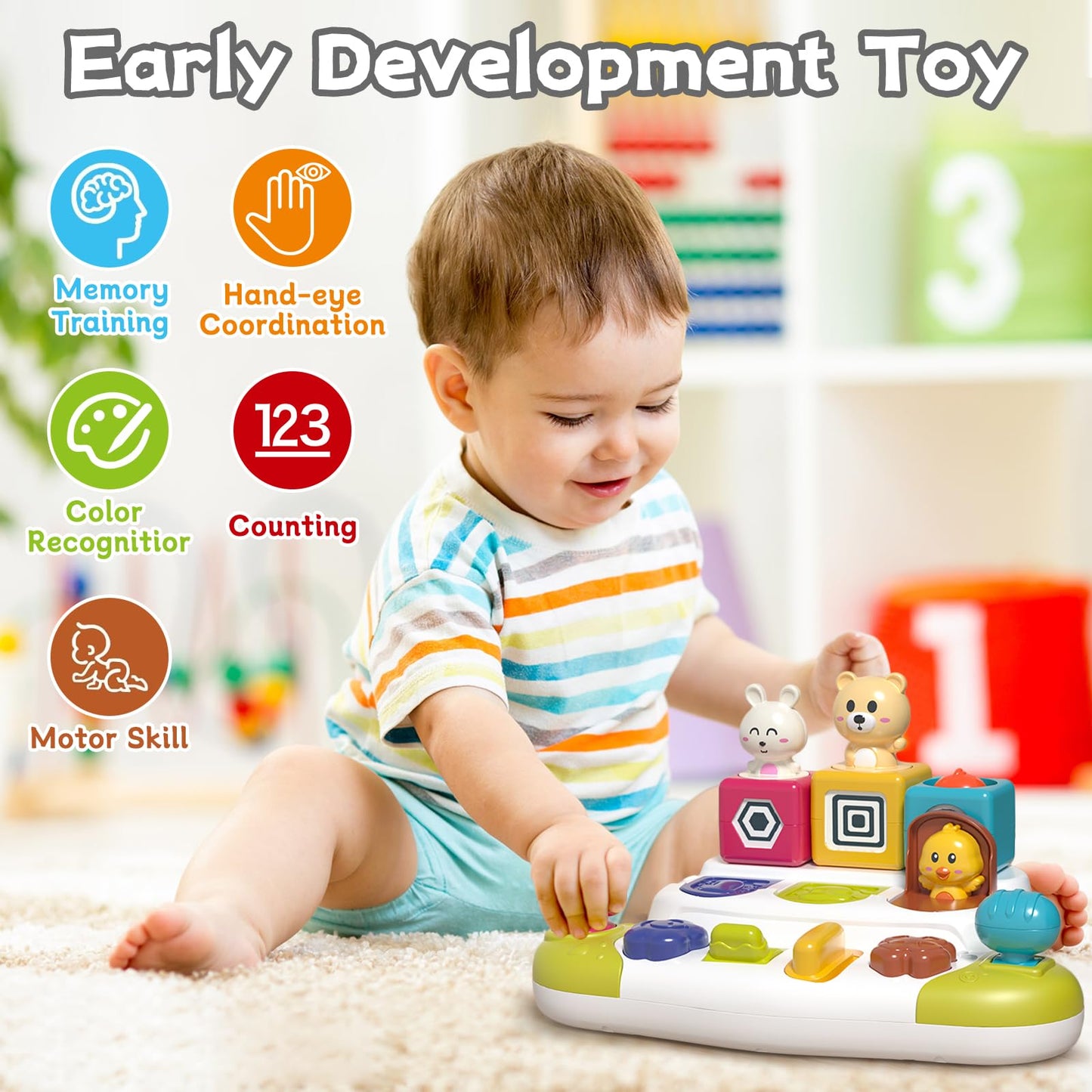 PANITU Baby Pop Up Animal Toys with Buttons & Colors, Montessori Cause and Effect Toys for Boys Girls, Kids, Toddlers, Babies -