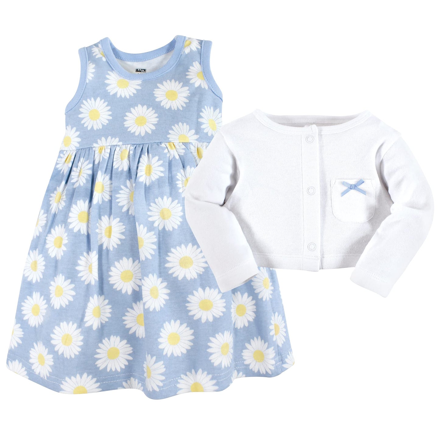 Hudson Baby Baby Girls' Cotton Dress And Cardigan Set, Blue Daisy, 0-3 Months