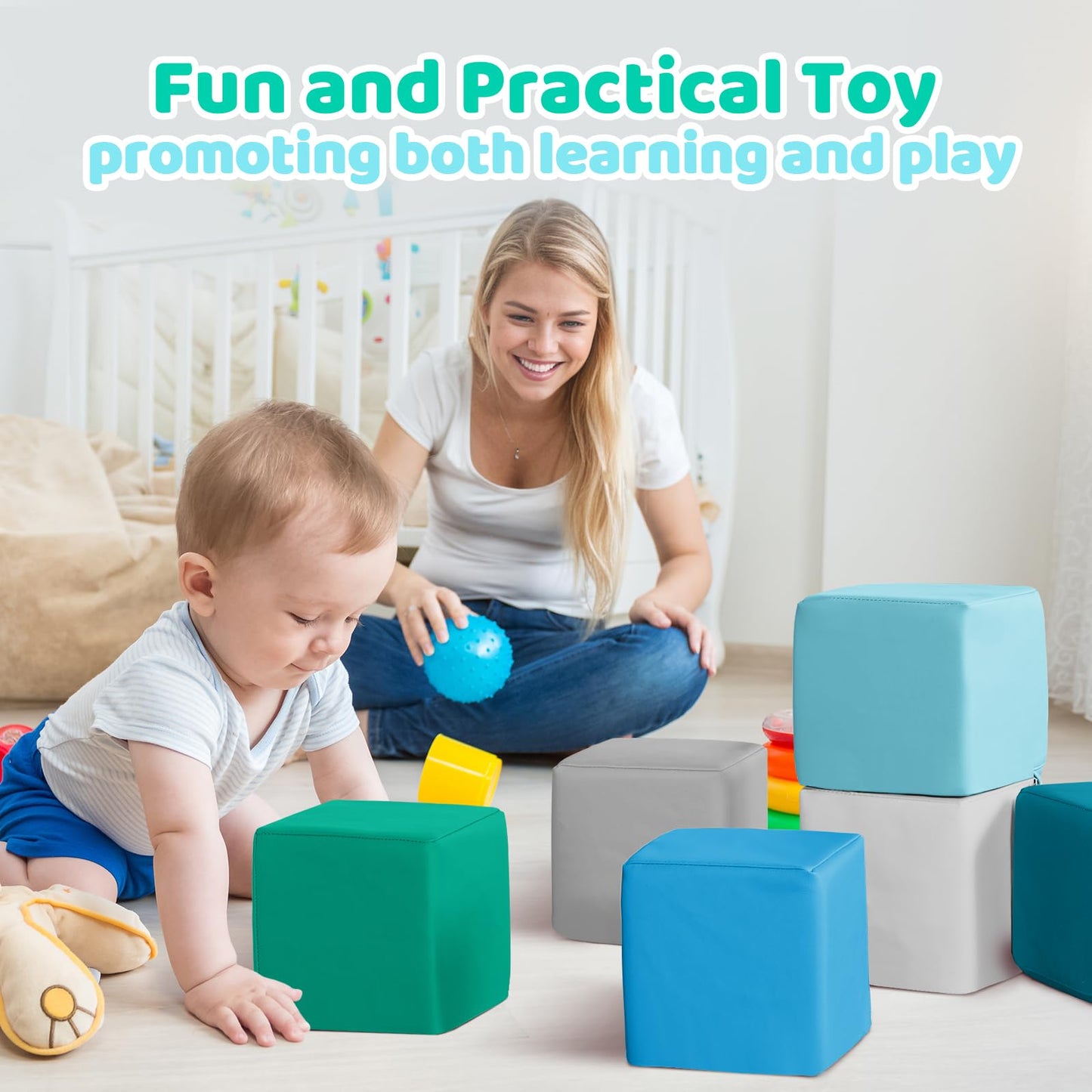 Foam Building Toys for Toddlers: 6-Pieces Waterproof PU Leather Soft Foam Blocks - Colorful Large Stacking Blocks - Early Learni