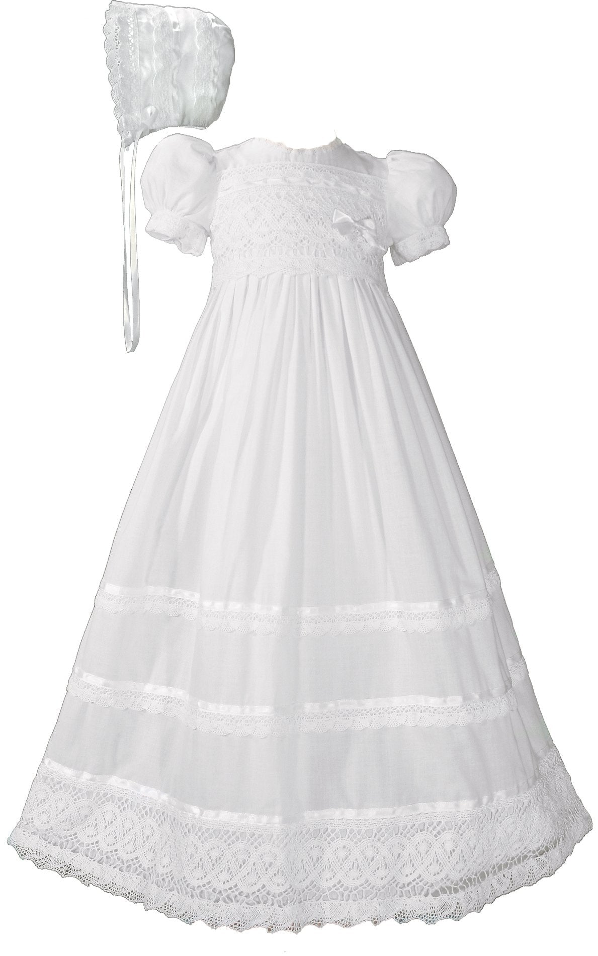 Little Things Mean A Lot 30' Cotton Batiste White Christening Baptism Gown With Cluny Trim And Bonnet - 3 Months (8-12 Lbs)