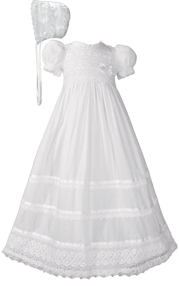 Little Things Mean A Lot 30' Cotton Batiste White Christening Baptism Gown With Cluny Trim And Bonnet - 3 Months (8-12 Lbs)