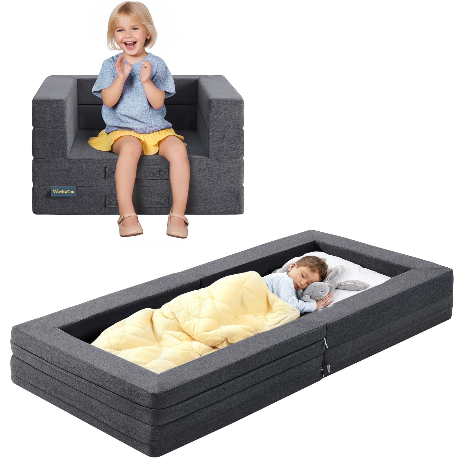 WeeGuruu Travel Toddler Bed, 3-in-1 Convertible Sofa Bed for Toddler Portable Floor Bed, Flip Open Sofa Lounger for Girls and Bo