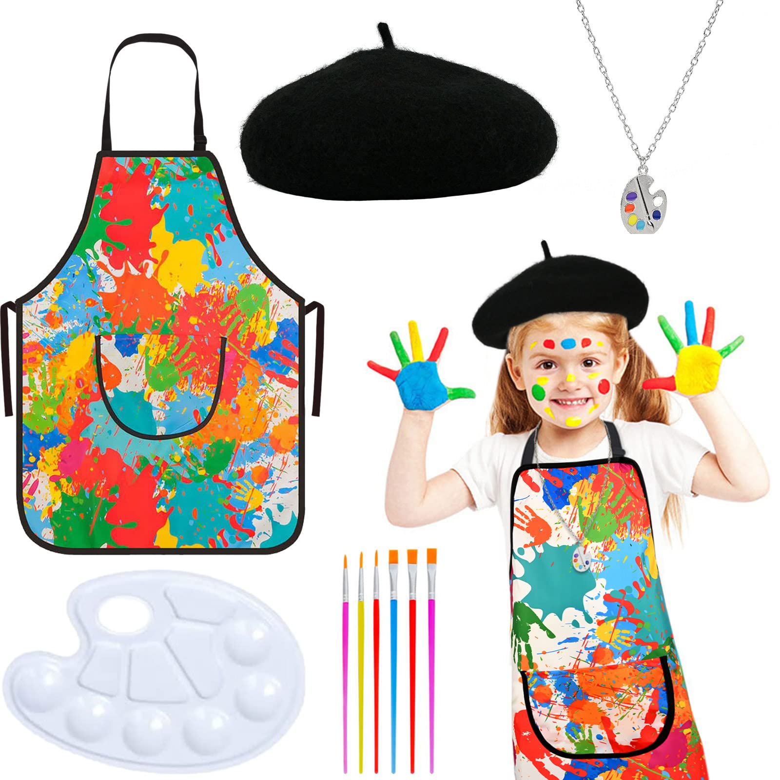 Matiniy 6 Pcs Artist Costume Accessories Set Black Beret Hat,Colorful Footprint Apron,Painting Brush And Drawing Board Set (Blac