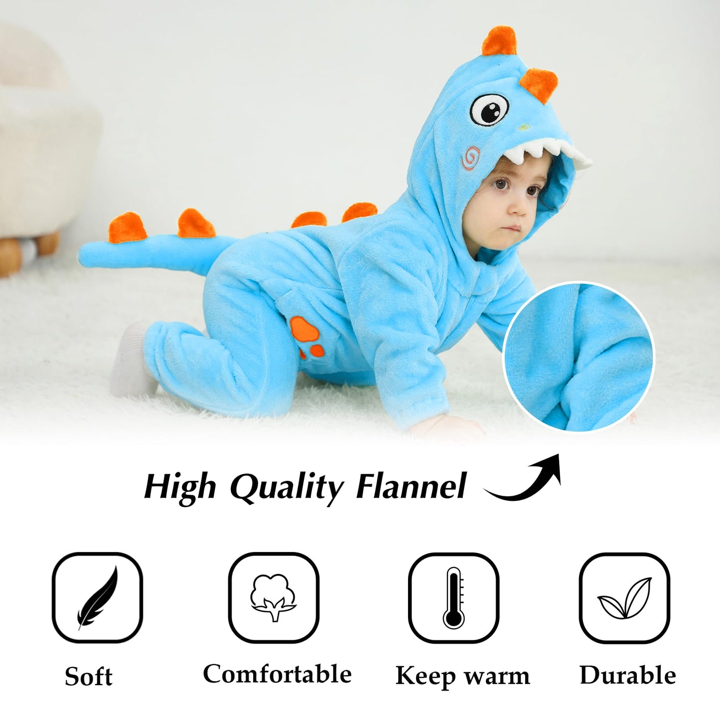 Tonwhar Baby Boy'S Girl'S Animal Bodysuit Infant And Toddler'S Romper Jumpsuit Halloween Costume Partywear(6-12M,Blue Dino)