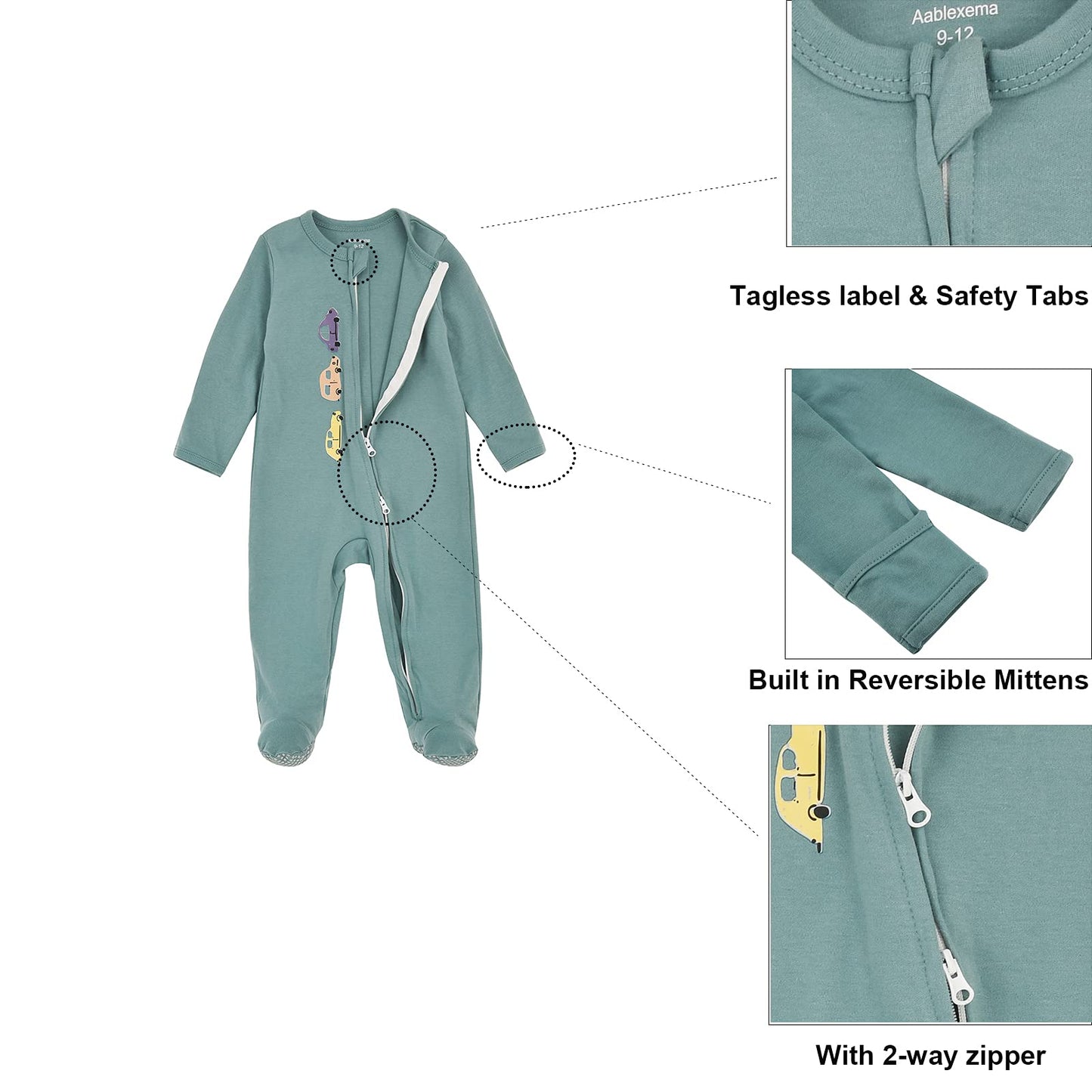 Aablexema Baby Footie Pajama With Mitten Cuffs, Double Zipper Infant Cotton Clothes Sleeper Pjs, Footed Sleep Play(Car Style,6-9