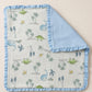 Baby Muslin Blanket with Ruffle Border, Dinosaur Print, Blue, Soft Cotton, Newborn Swaddle (OffWhiteBlue)
