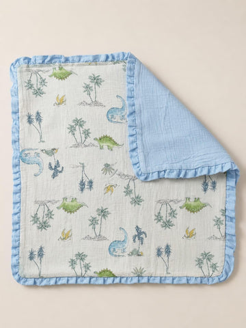 Baby Muslin Blanket with Ruffle Border, Dinosaur Print, Blue, Soft Cotton, Newborn Swaddle (OffWhiteBlue)