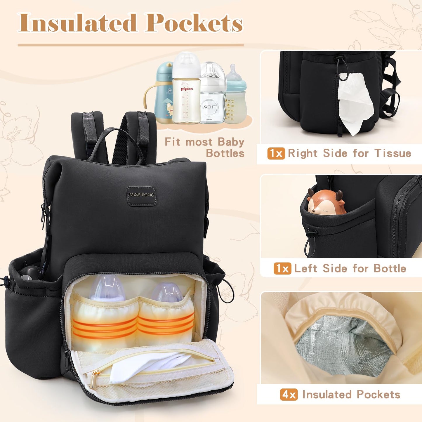 Miss Fong Diaper Bag Backpack - Baby Diaper Bag Neoprene Bag Large Capacity Neoprene Backpack With Diaper Changing Pad Travel Di