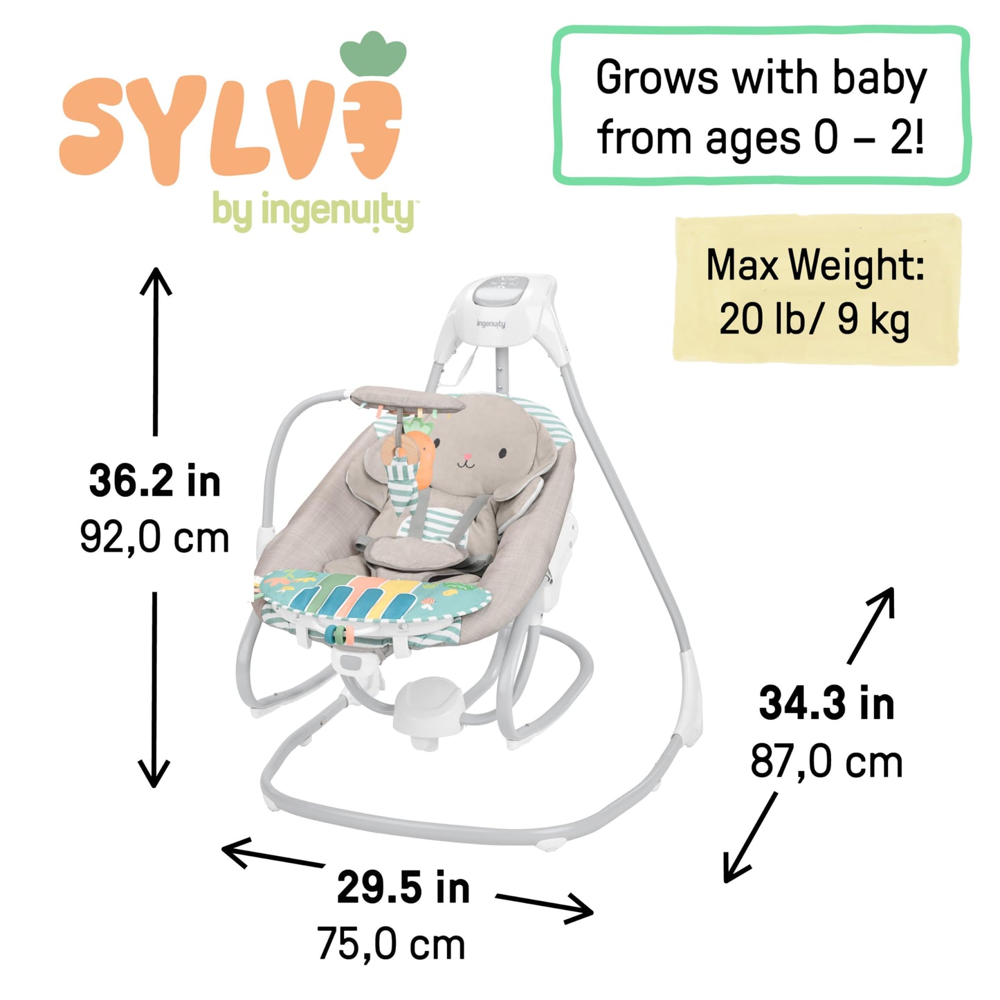 Ingenuity SimpleComfort Piano Playtime 4-in-1 Baby Swing & Rocker, 180 Degrees & 3 Directions, 0-24M