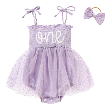 Titkkop Baby Girl 1St Birthday Clothes One Year Old Tulle Romper Sleeveless Bodysuit Cake Smash Outfits(Purple1,12-18M)