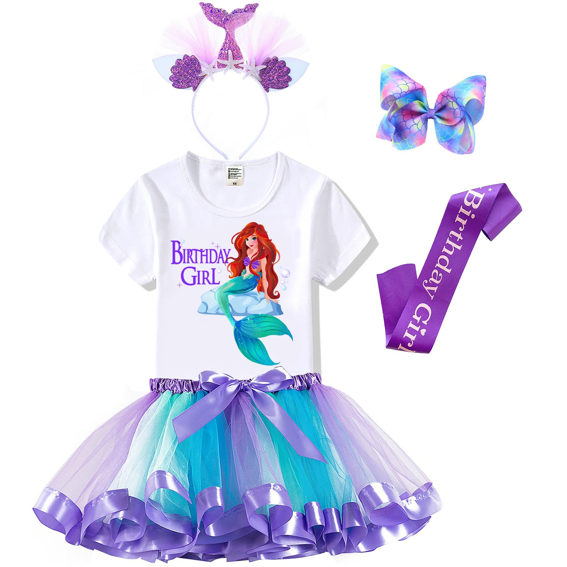 Mermaid Birthday Outfit Set - Shirt, Rainbow Tutu Dress, Satin Sash, Headband - Birthday Gifts for Girls Costume (Rainbow Mermai