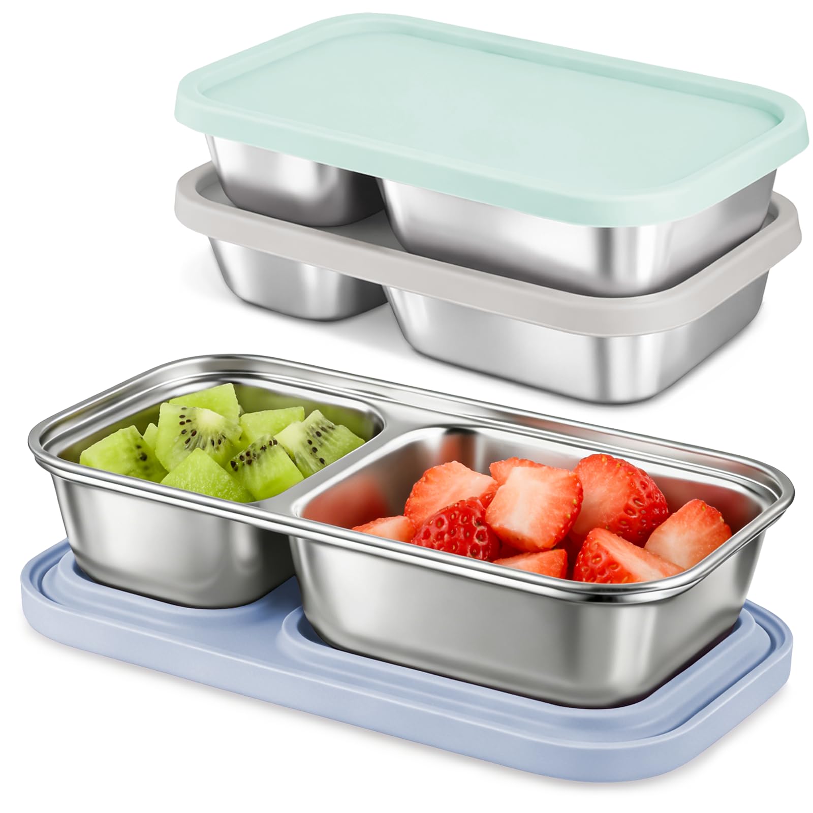 Ec-Gaze 3 Pack Stainless Steel Snack Containers, 2 Compartment Snacklebox For School Baby Child Kids Boys GirlsSage, Blue, Grey
