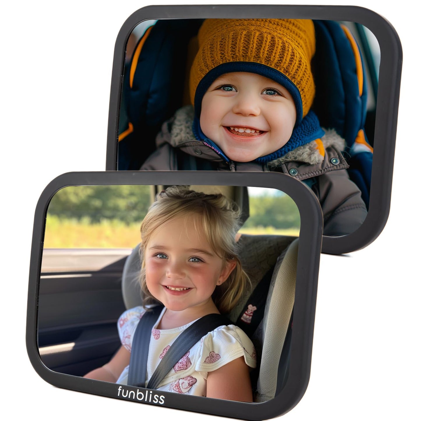 Funbliss Rear Facing Car Seat Mirrors - Shake-proof & Shatterproof Baby Car Mirror for Backseat - Clear Wide View, Easy Install,