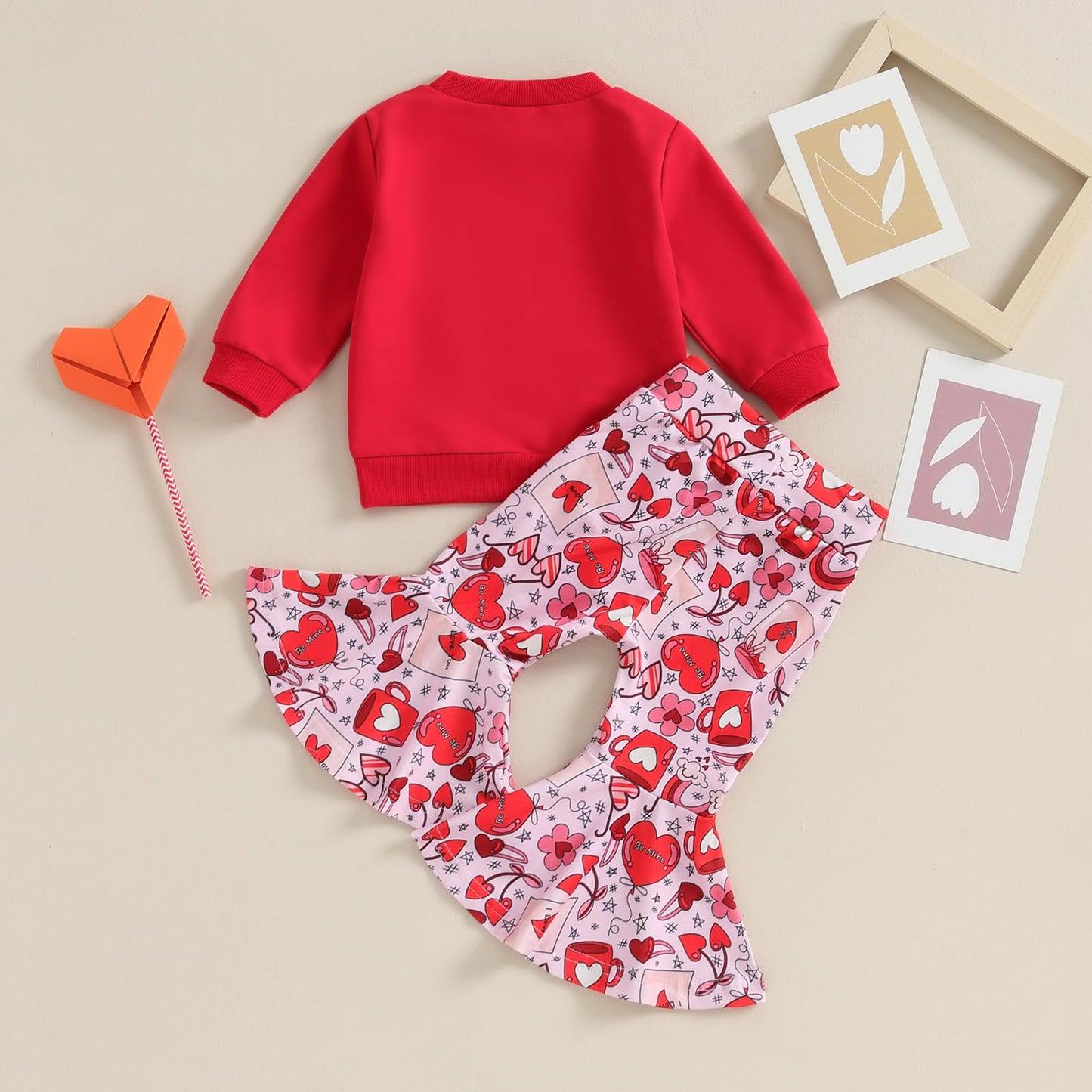 Iddolaka Toddler Baby Girls Valentines Day Outfits Long Sleeve Letter Sweatshirt Shirt Heart Flared Pants Spring Clothes (I-Red,
