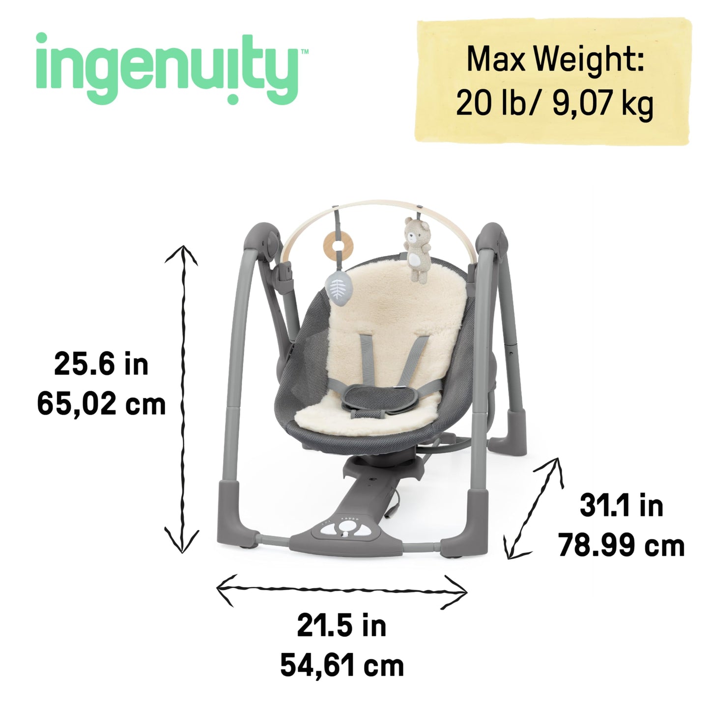 Ingenuity Every Season Swing 'N Go Portable Swing - Cooling And Warming Fabrics, Detachable Sustainable Wooden Bar, Music, Motor