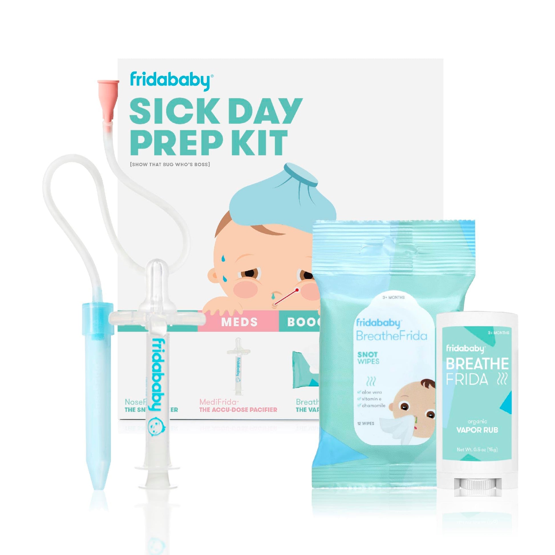 Frida Baby Sick Day Prep Kit, Sick Baby Essentials Includes NoseFrida Nasal Aspirator, MediFrida Pacifier Medicine Dispenser, Br
