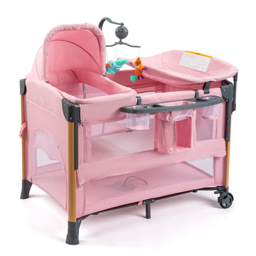 JOYMOR 7 in 1 Bedside Bassinet with Changing Table, Baby Girl Bassinet, Pink Bedside Sleeper with Mattress, Sheet, Canopy, Stora