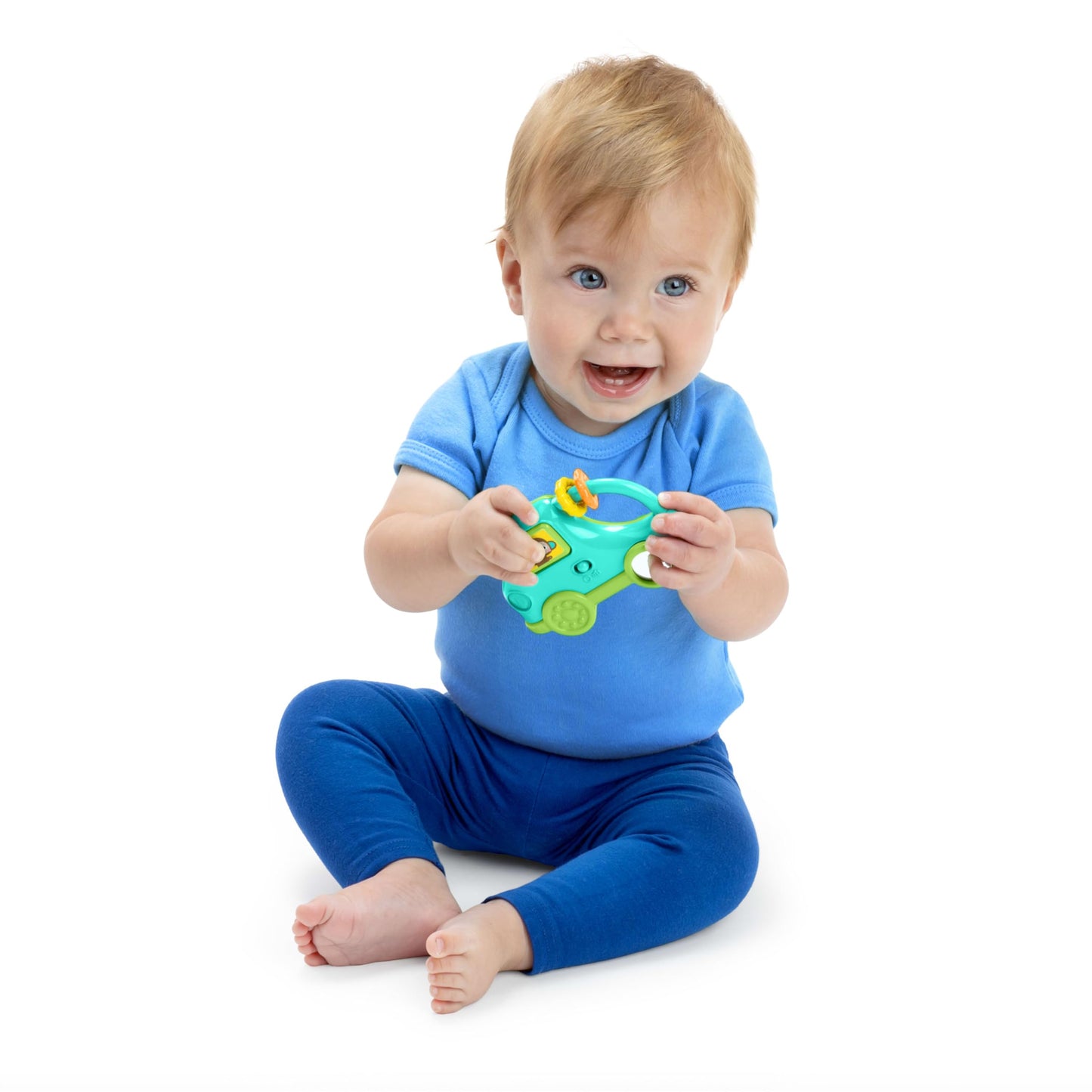 Bright Starts Safari Driver Take Along Toy with Music and Lights, Monkey, On The Go Travel Activity, Unisex, Blue, 3 Months+
