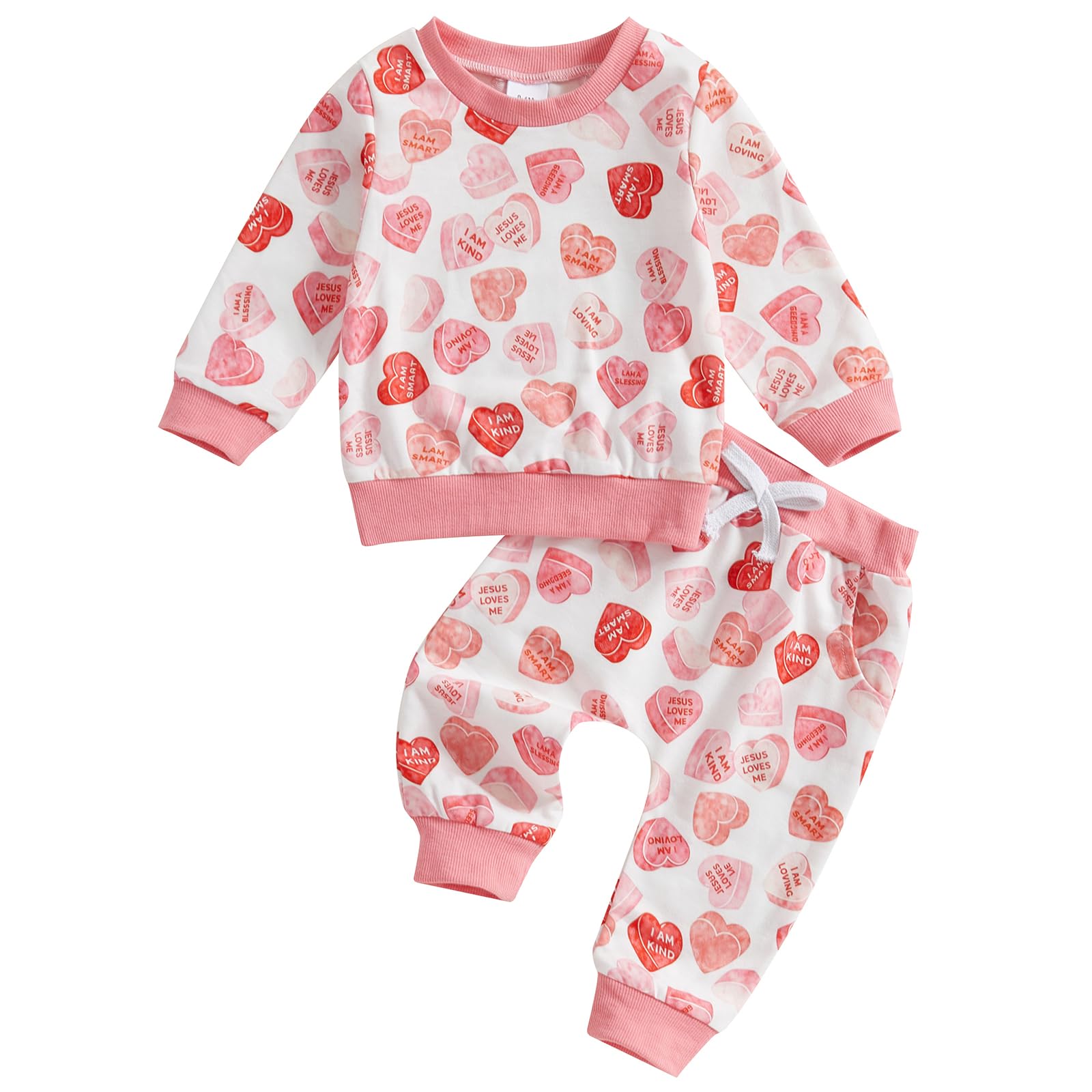 Coorally Toddlers Two-Piece Valentine'S Day Outfits Baby Boy Girl Long-Sleeve Crewneck Printed Sweatshirt And Pants Sets (Pink H