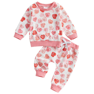 Coorally Toddlers Two-Piece Valentine'S Day Outfits Baby Boy Girl Long-Sleeve Crewneck Printed Sweatshirt And Pants Sets (Pink H
