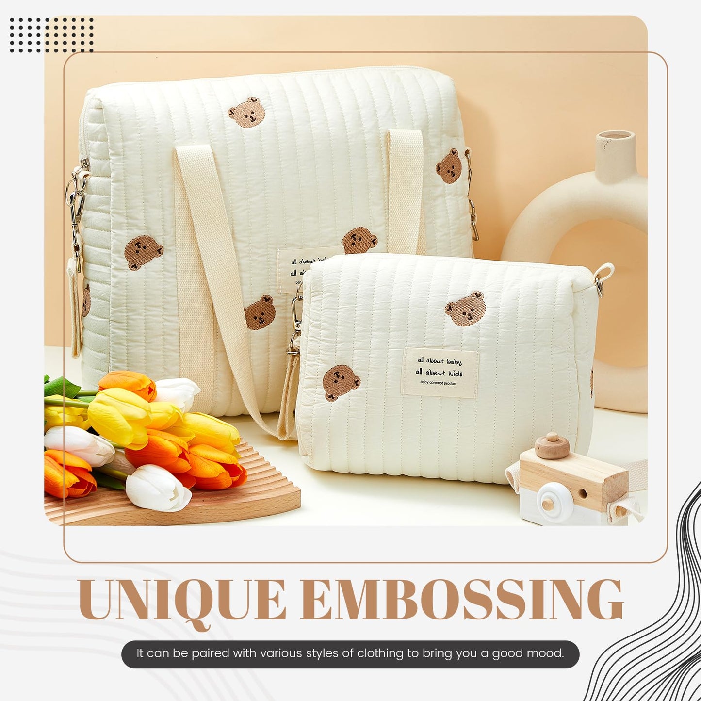 Paterr 2 Pcs Diaper Bag Tote For Women Multifunction Multisize Maternity Bag Quilted Cotton Cute Diaper Bag(Bear)