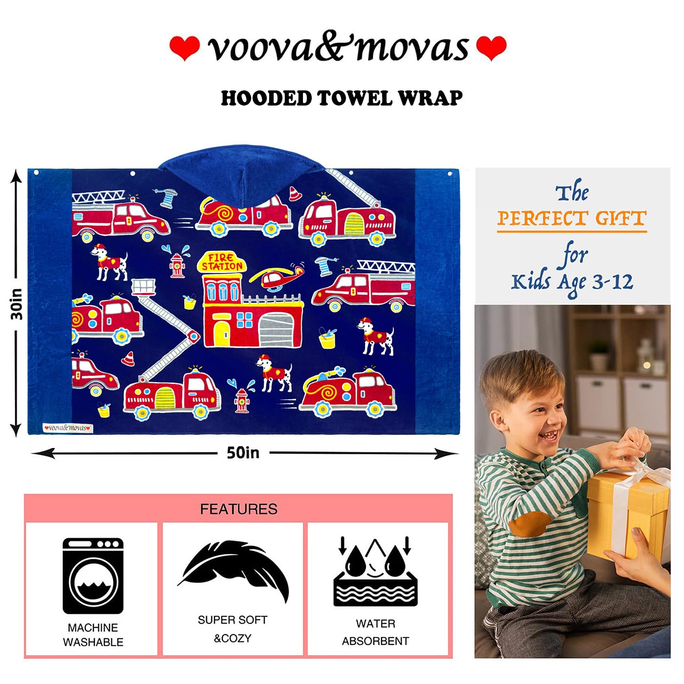 Voova & Movas Fire Truck Hooded Towels Soft Thick Cotton For Age 3-10 Years | Beach | Pool | Bath | Swim Towels For Boys, Blue F
