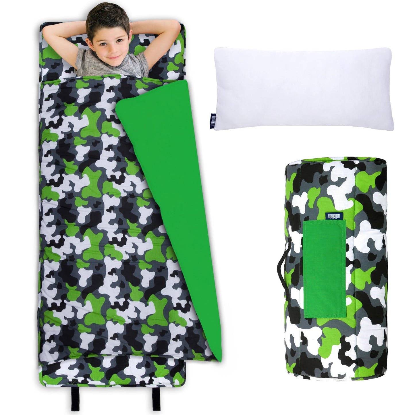 Wildkin Kids Original Nap Mat - Cozy Kids Sleep Mat with Pillow, Ideal for School & Travel - Camo Green