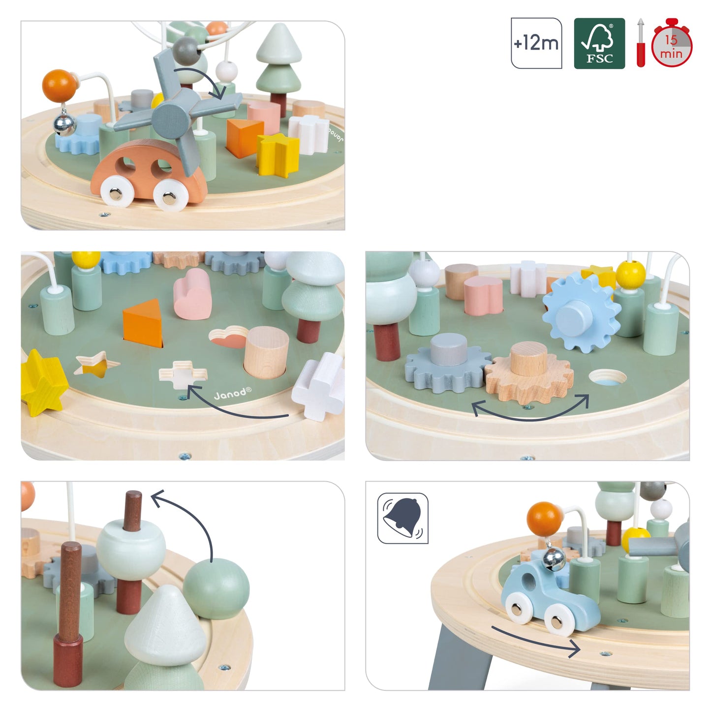 Janod J04402 Sweet Cocoon Wooden Activity Multi-Play Table Toddlers - Fine Motor Development - Non-Slip Feet - Water Painted and