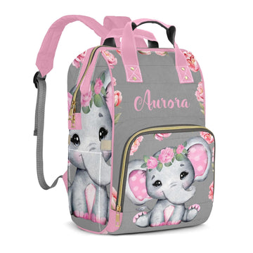 Personalized Diaper Bag Backpack for Baby Girls with Name, Pink Floral Elephant Custom Nappy Nursing Bag for Moms Dads, Nylon, C