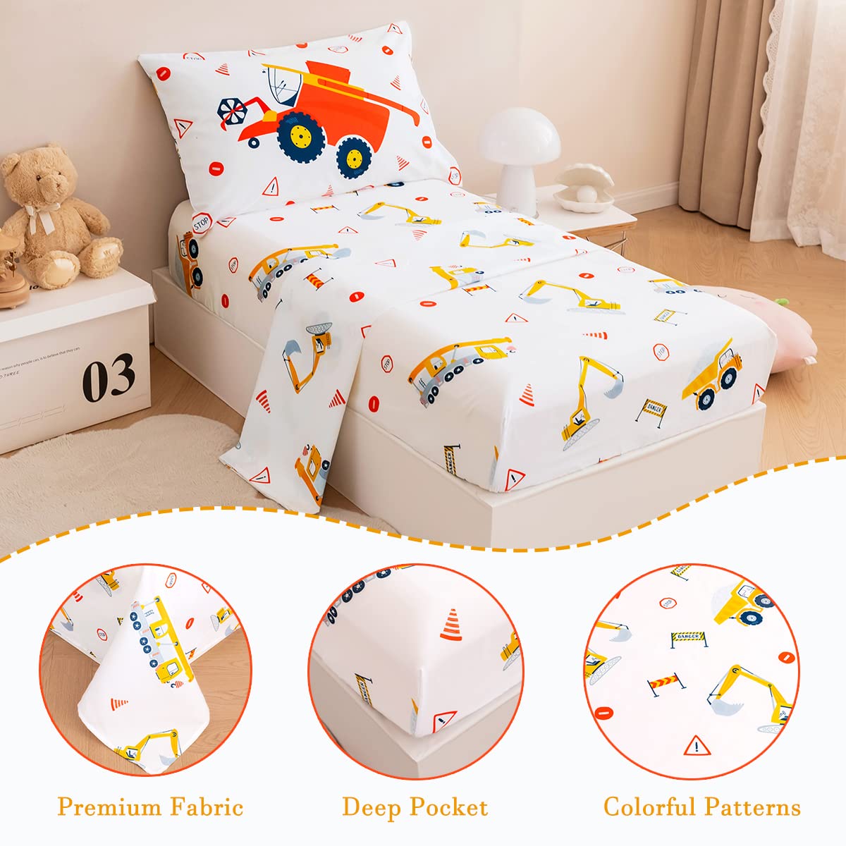 Perfemet 4 Pieces Construction Toddler Bedding Set Excavator Truck Boy Toddler Bed In A Bag Colorful Reversible Cartoon Tractors