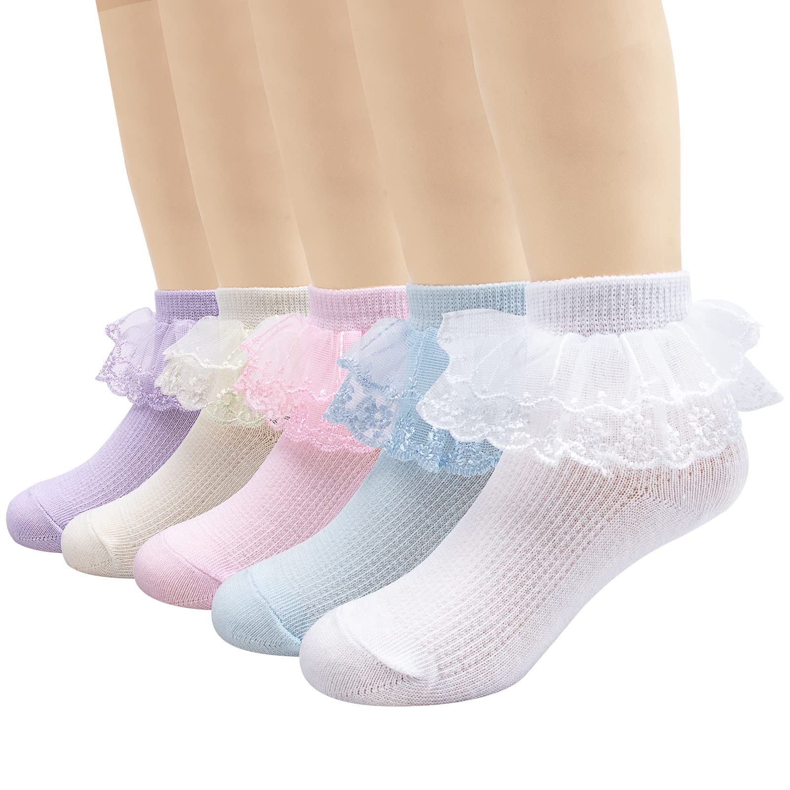 4/5/6 Pack Baby Toddler Girls Ruffle Socks White Princess Eyelet Frilly Lace Ankle Cotton Dress Socks For Little/Big Kids 9-12 Y