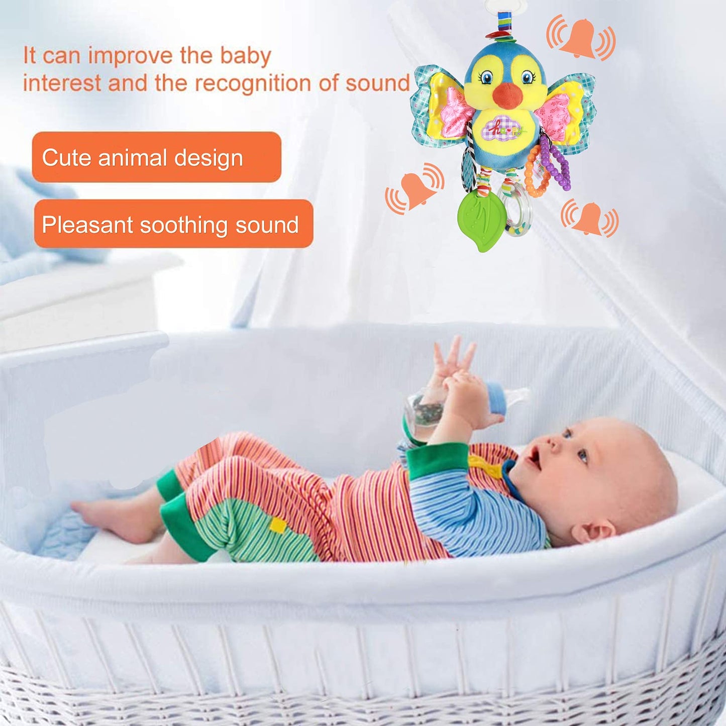 Funsland Baby Stroller and Car Seat Toys for Infant - Hanging Rattle Teether Clip on Soft Plush Baby Toys for Boys and Girls 3-1