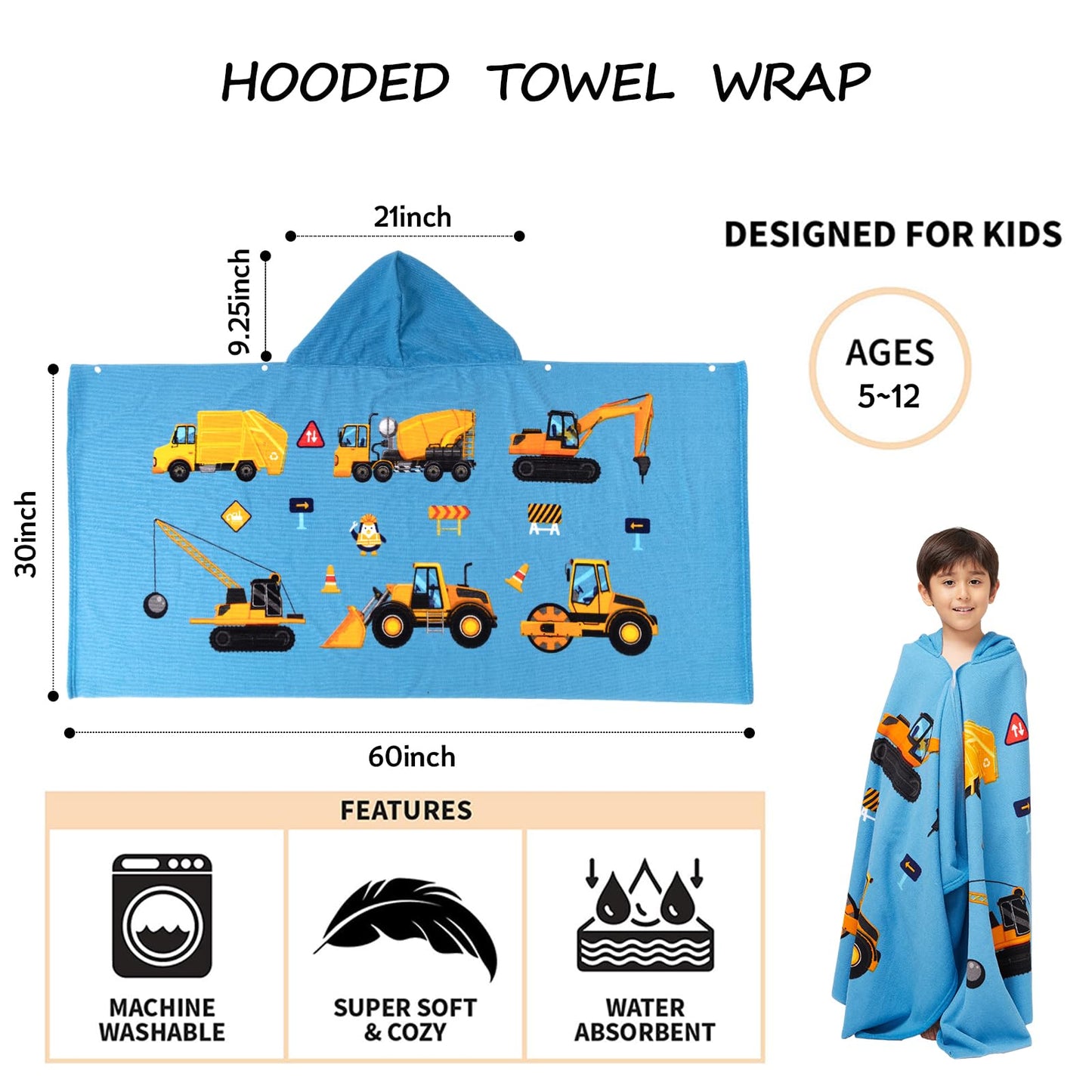 Gealaek Hooded Towel For Toddlers 5-12 Years Boys Girls Kids Bath Pool Beach Towel Wrap Extra Large Soft Absorbent Beach Poncho(