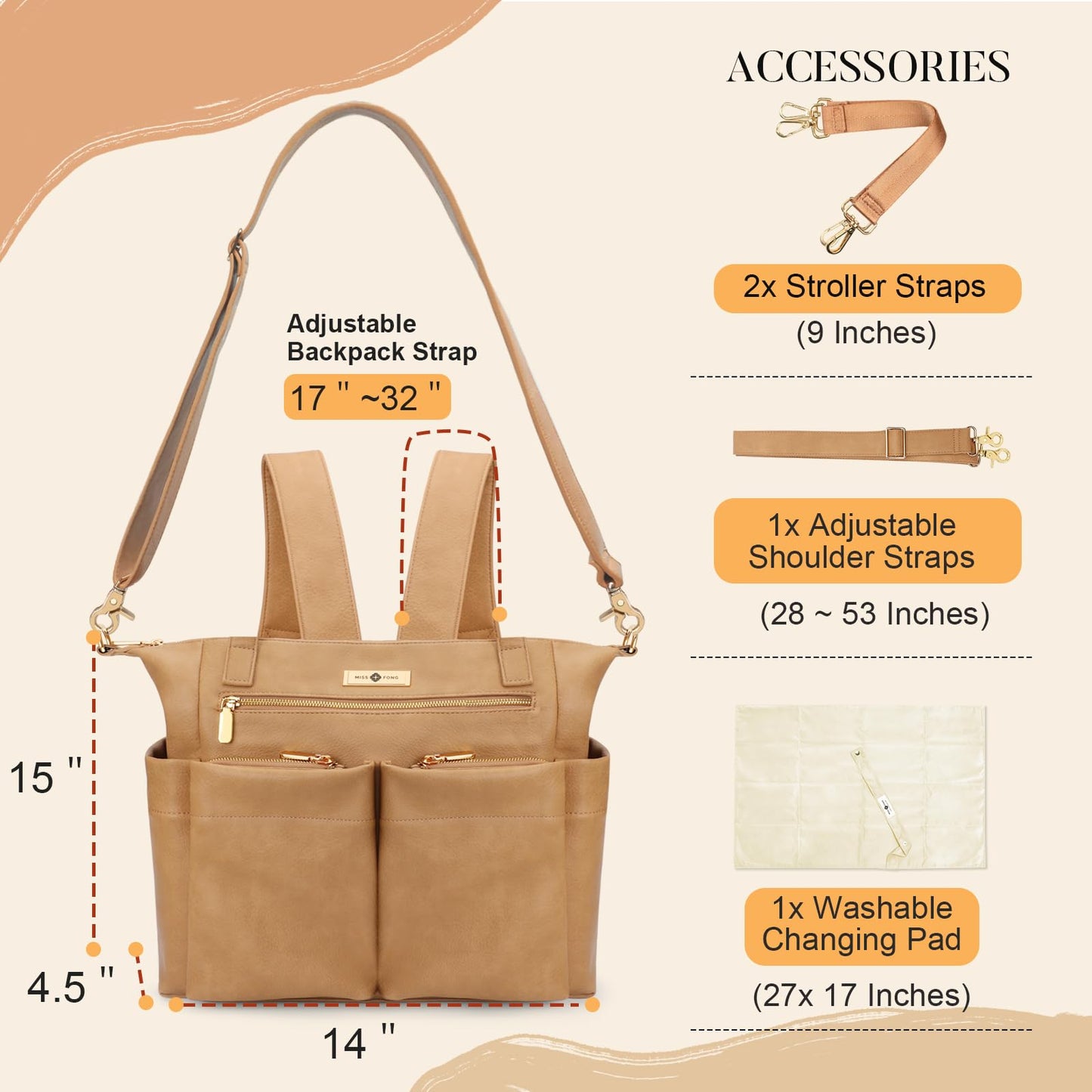 Miss Fong Leather Diaper Tote Backpack - Large Diaper Bag With 11 Organizers, Changing Pad, Stroller Straps, 4 Insulated Pockets
