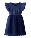 Twkioue Girl Ruffle Sleeve Dress Crewneck Tutu Tulle Fluffy Solid Color Dresses 817 Navy Blue 130